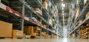 Panoramic view of a large warehouse in the aisle between shelves and racks.